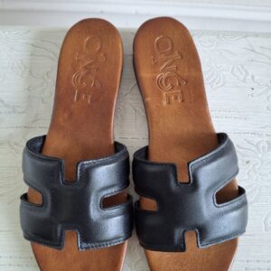Black and beige slippers